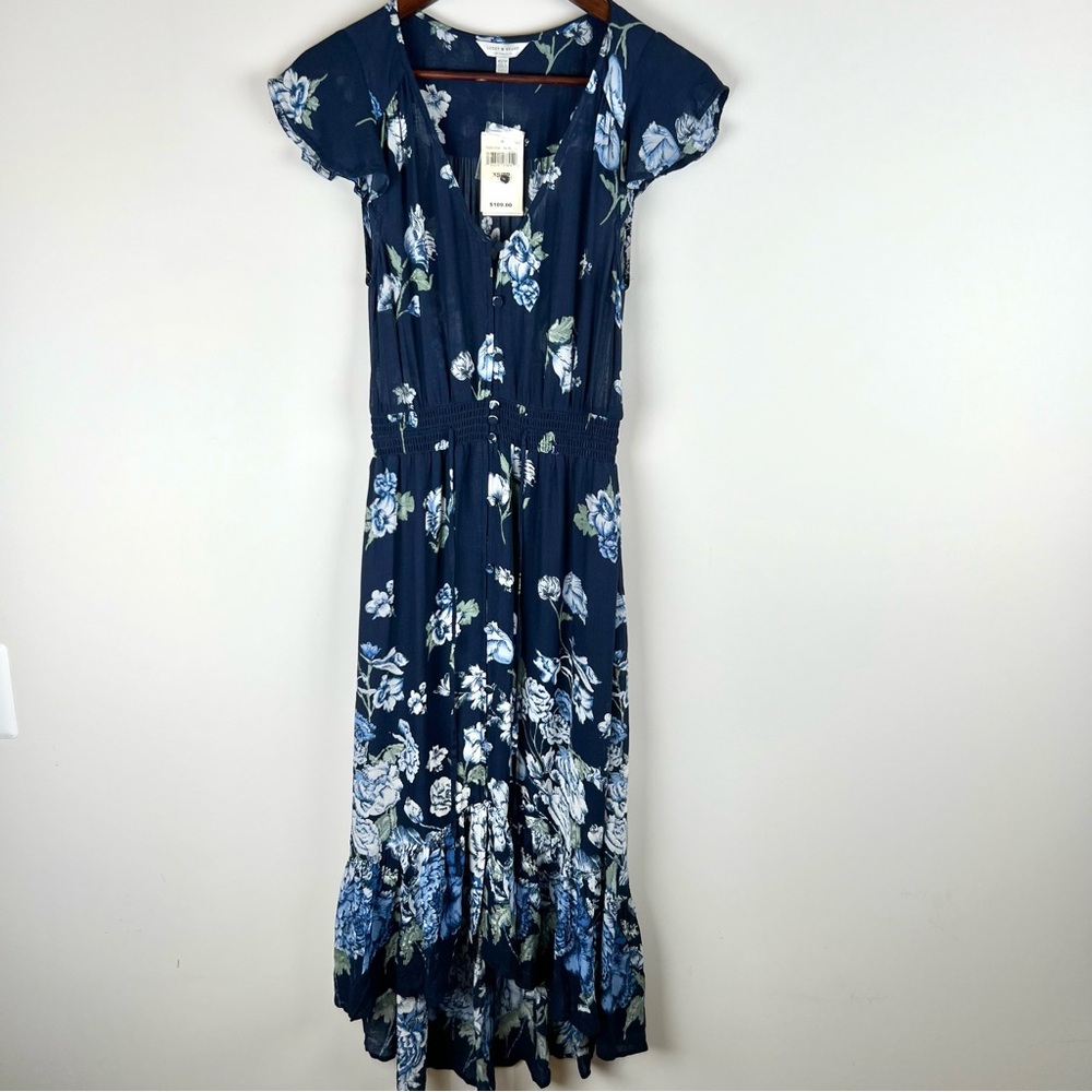 NWT Lucky Brand Blue Floral High Low Dress Size XS Flutter Sleeve Sheer 0096
